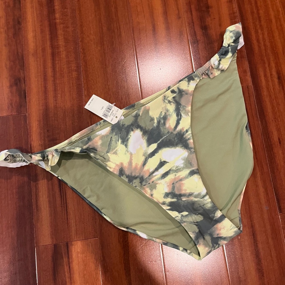 Aerie Green Bikini Bottom Swim Ruffle Tie Dye‎ Olive Yellow New NWT Size Large